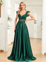 Green Satin V-neck Lace Prom Dress