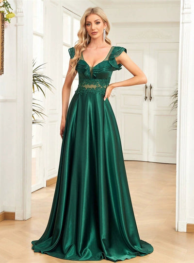 Green Satin V-neck Lace Prom Dress