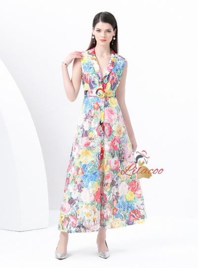 Sleeveless Lace Floral Print Long Dress
