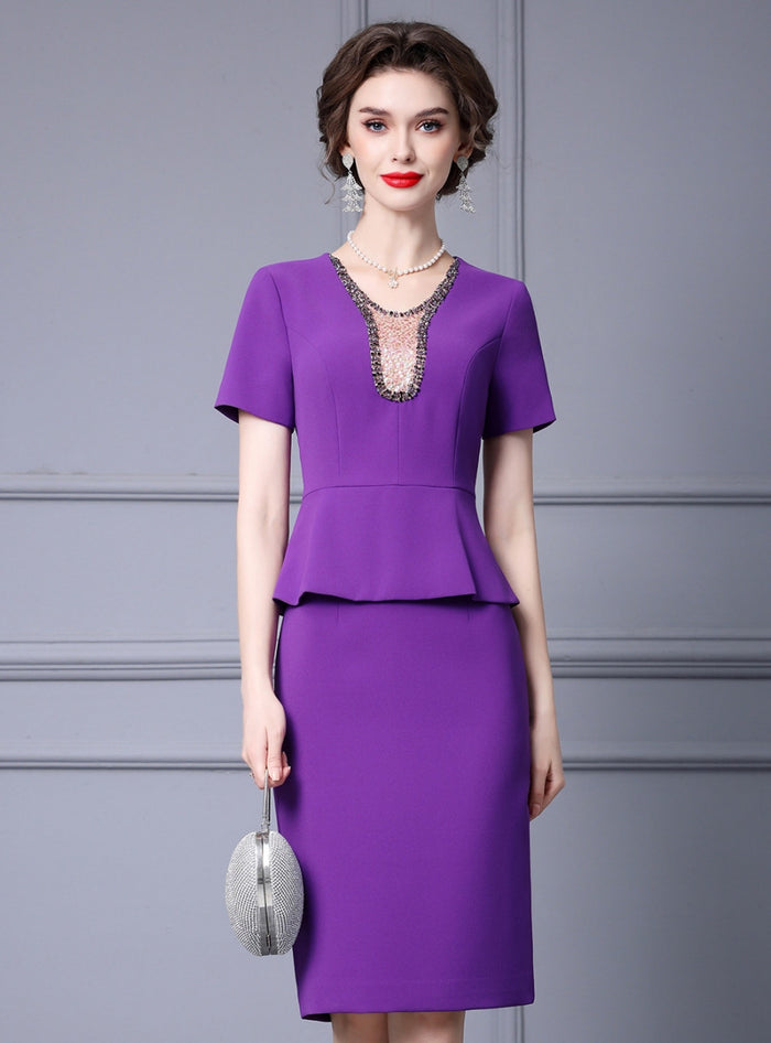 Purple Short Sleeve Beading Mother Of The Bride Dress