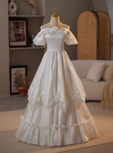 White Satin Off the Shoulder Wedding Dress