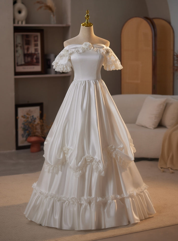 White Satin Off the Shoulder Wedding Dress