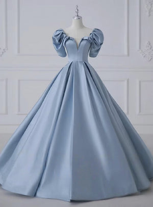 Blue Satin Puff Sleeve Beading Prom Dress