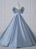 Blue Satin Puff Sleeve Beading Prom Dress