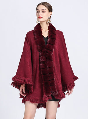 Fur Collar Fringed Plus Size Knitted Coat Shawl Cloak
