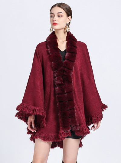 Fur Collar Fringed Plus Size Knitted Coat Shawl Cloak