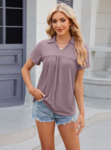 Solid Color Lapel Pleated Loose Short Sleeve T-shirt