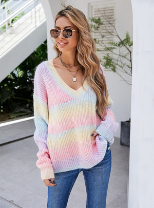 Rainbow Stitching Tie-dyed V-neck Pullover Sweater