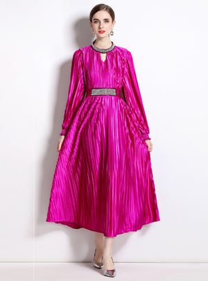 Round Neck Lantern Sleeve Beaded Pleated Dress