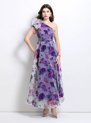 Oblique Shoulder Printed Gauze Dress