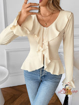 Solid Color V-neck Ruffled Slim Shirt T-shirt