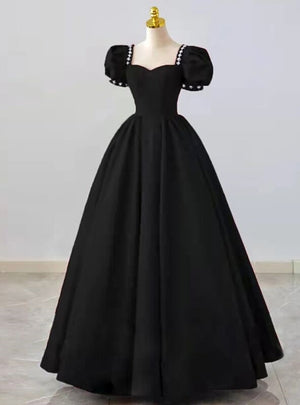 Black Square Neck Puff Sleeve Beading Prom Dress