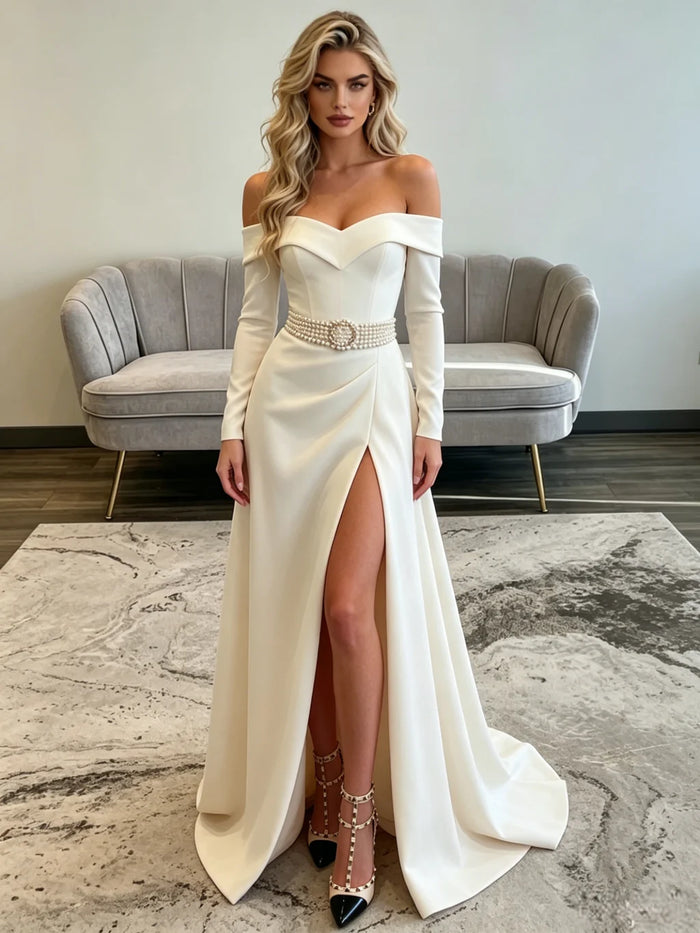 White Long Sleeve Split Prom Dress