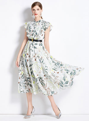 Green Printed Dress With Belt