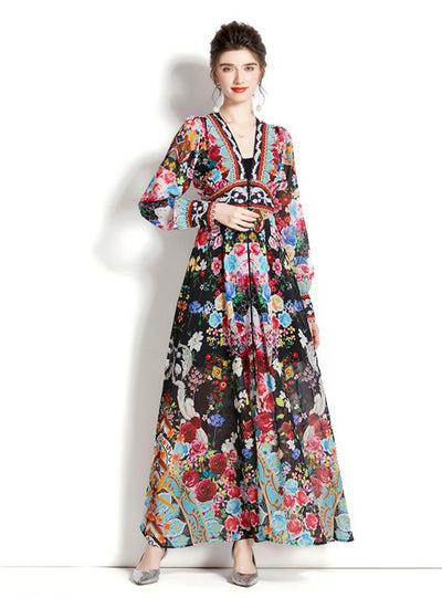 Long Sleeve Lantern Sleeve Printed Dress