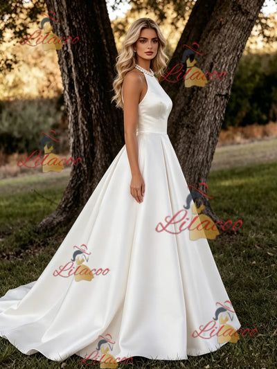 White Satin Halter Backless Wedding Dress