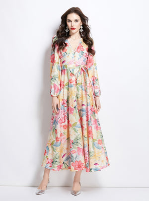 Flower Long Sleeve Retro Long Dress