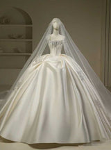 Ivory Satin Strapless Beading Wedding Dress With Long Train