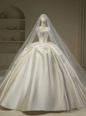 Ivory Satin Strapless Beading Wedding Dress With Long Train