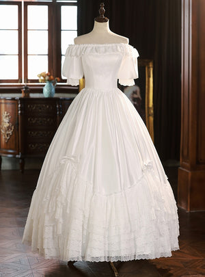 White Satin Lace Short Sleeve Wedding Dress