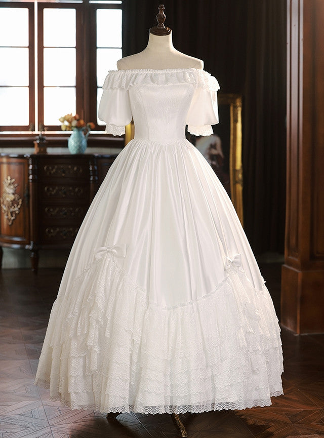 White Satin Lace Short Sleeve Wedding Dress