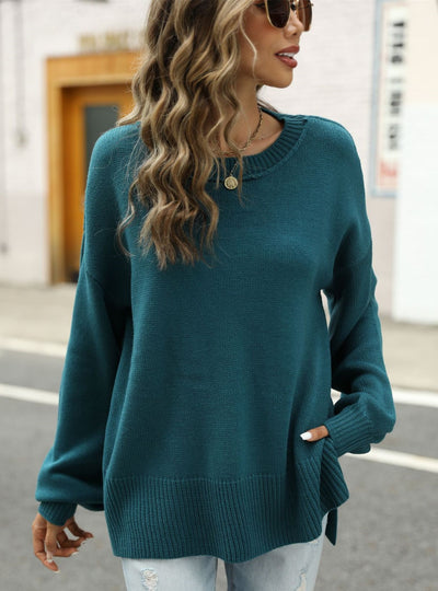 Solid Color Irregular Round Neck Split Hem Sweater