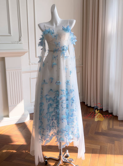 White Tulle Straps Butterfly Prom Dress