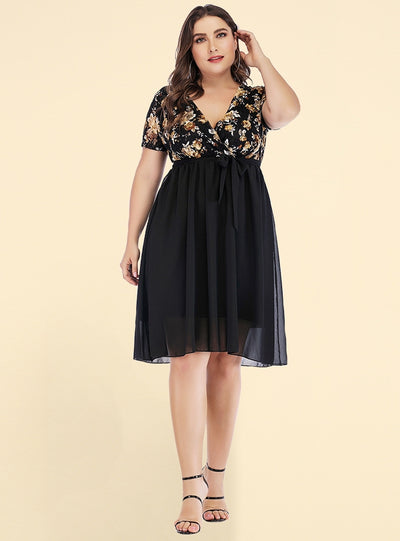 Stitching Chiffon V-neck Short Sleeve Dress