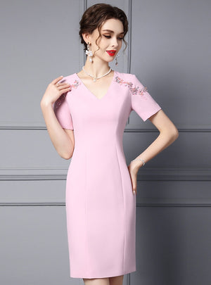 Pink V-neck Mother Of The Bride Dress
