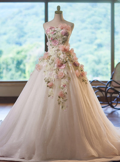 White Tulle 3D Embroidery Appliques Wedding Dress