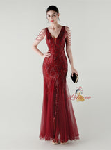 Mermaid Sequins Tulle V-neck Beading Prom Dress