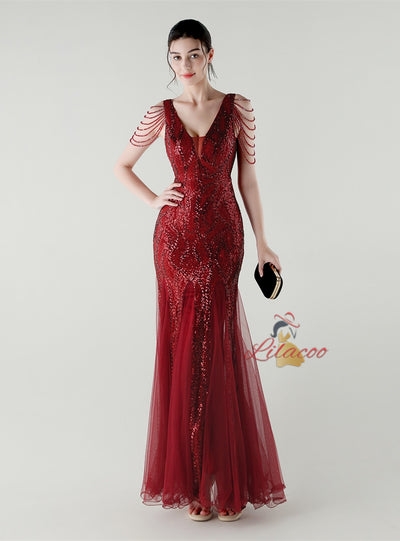 Mermaid Sequins Tulle V-neck Beading Prom Dress