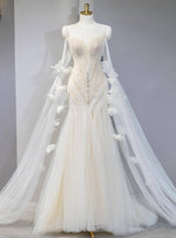 White Mermaid Tulle Pleats Pearls Wedding Dress