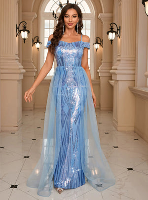 Blue Seuqins Tulle Straps Prom Dress