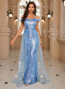 Blue Seuqins Tulle Straps Prom Dress