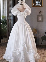 White Satin Lace V-neck Wedding Dress