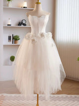 White Tulle Strapless 3D Flower Wedding Dress