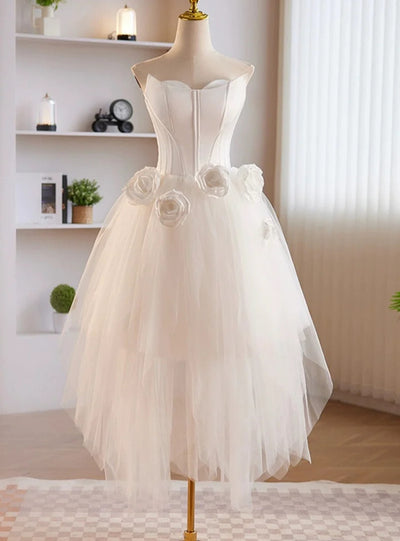 White Tulle Strapless 3D Flower Wedding Dress