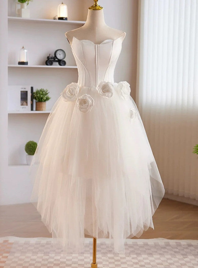 White Tulle Strapless 3D Flower Wedding Dress