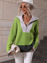 Pullover Color Matching Long Sleeve Zipper Sweater