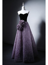 Purple Tulle Black Velvet Flower Prom Dress