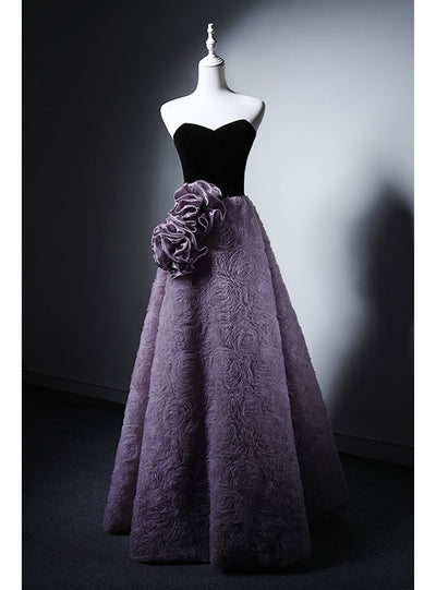 Purple Tulle Black Velvet Flower Prom Dress