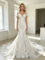 White Mermaid Tulle Appliques Short Sleeve Wedding Dress