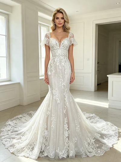 White Mermaid Tulle Appliques Short Sleeve Wedding Dress