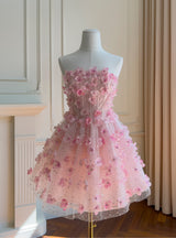 Pink Sequins Strapless Flower Prom Dress