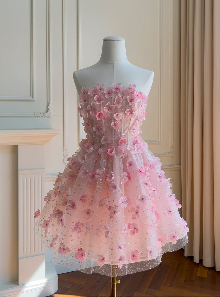 Pink Sequins Strapless Flower Prom Dress