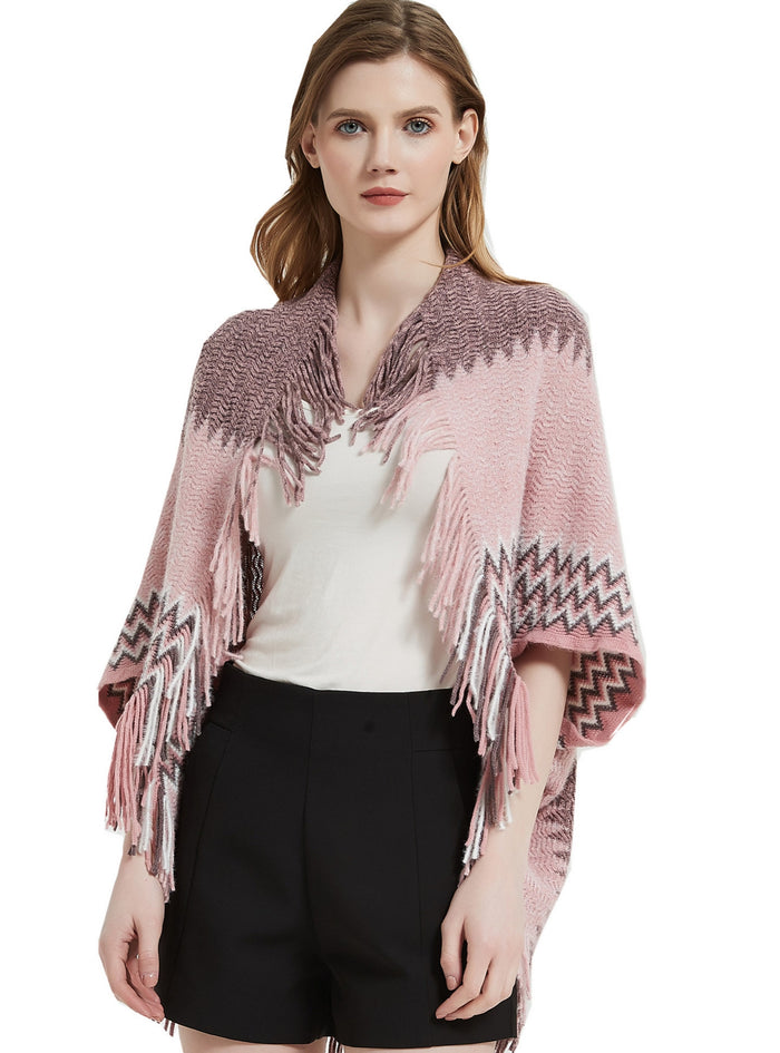 Bat Sleeve Knitted Fringed Shawl