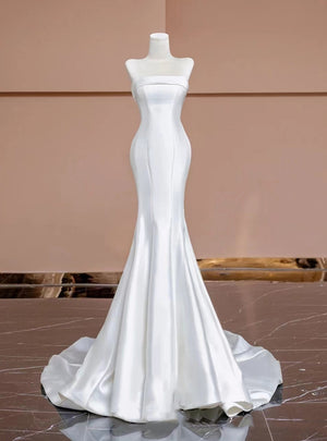White Mermaid Strapless Satin Button Wedding Dress