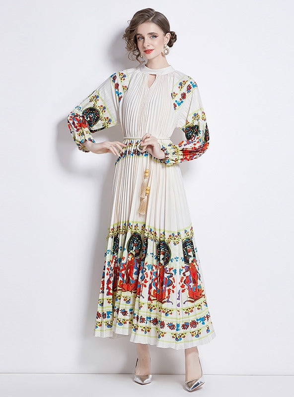 Printed Lantern Sleeve Pleated Belt Dress
