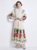 Printed Lantern Sleeve Pleated Belt Dress